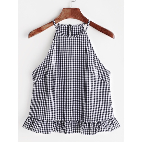SHEIN Tops - Gingham buttoned keyhole back frill halter top